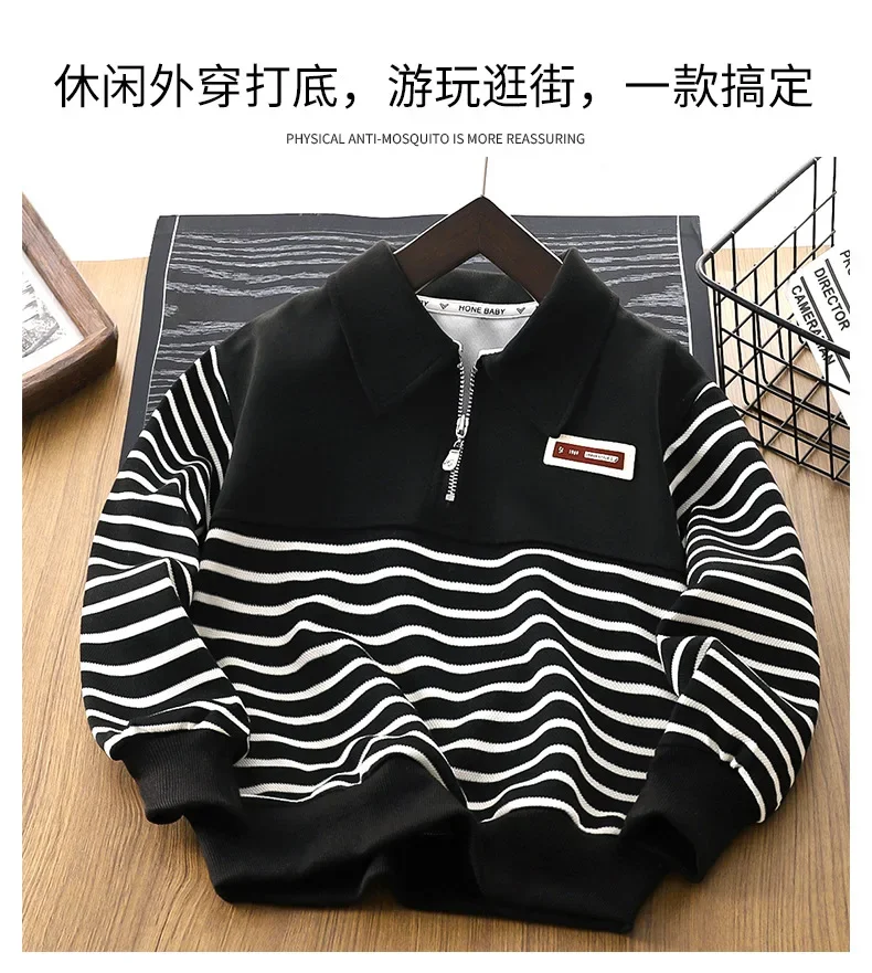 Kinder Sweatshirt Frühling Herbst Baby Jungen Halb-reiß Sweatshirt Koreanische Gestreiften Revers Mittlere Bis Große Kinder Rundhals tops – Detail 3