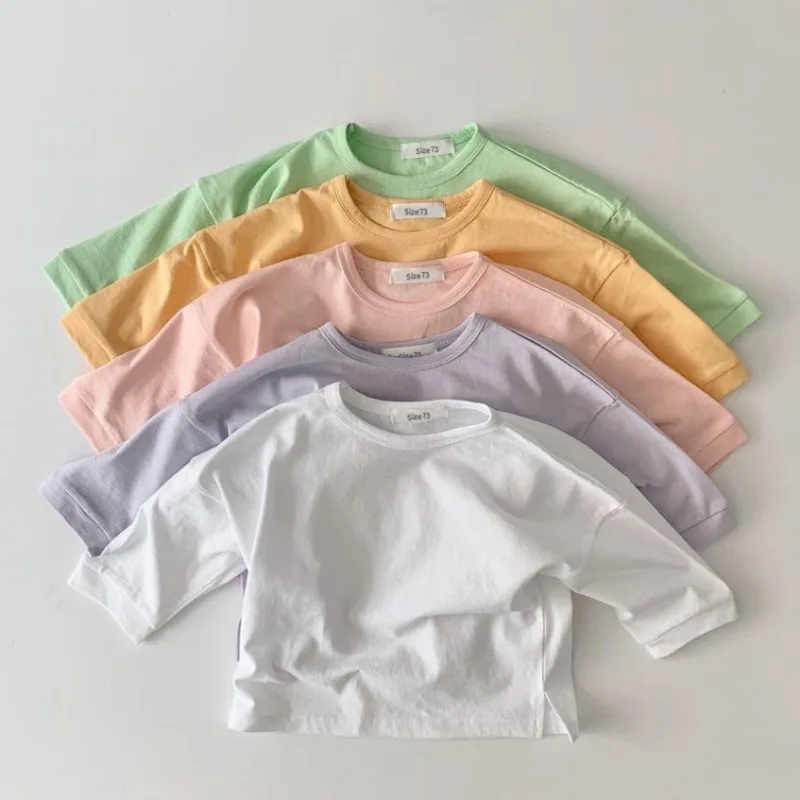 0-4Y New Baby Shirt Korean Infants Young Children's Long Sleeved Base T-shirt Candy Color Cotton Boys Girls Round Neck Tops