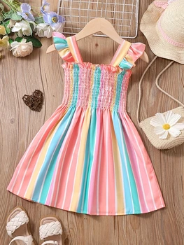 Girls' striped parallel pleated ruffle A-line dress, the latest summer suspender casual rainbow dress for girls in 2025 1