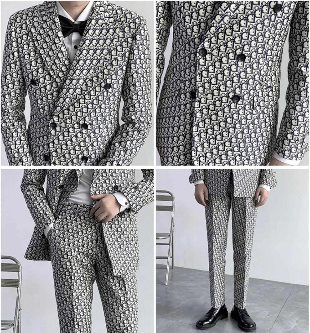 Smoking Uomo Men's Suit 2 Piece Printed Jacket Pants Wedding Groom Tuxedo Formal Business Blazer Groomsmen Slim Fit Outfit 2023