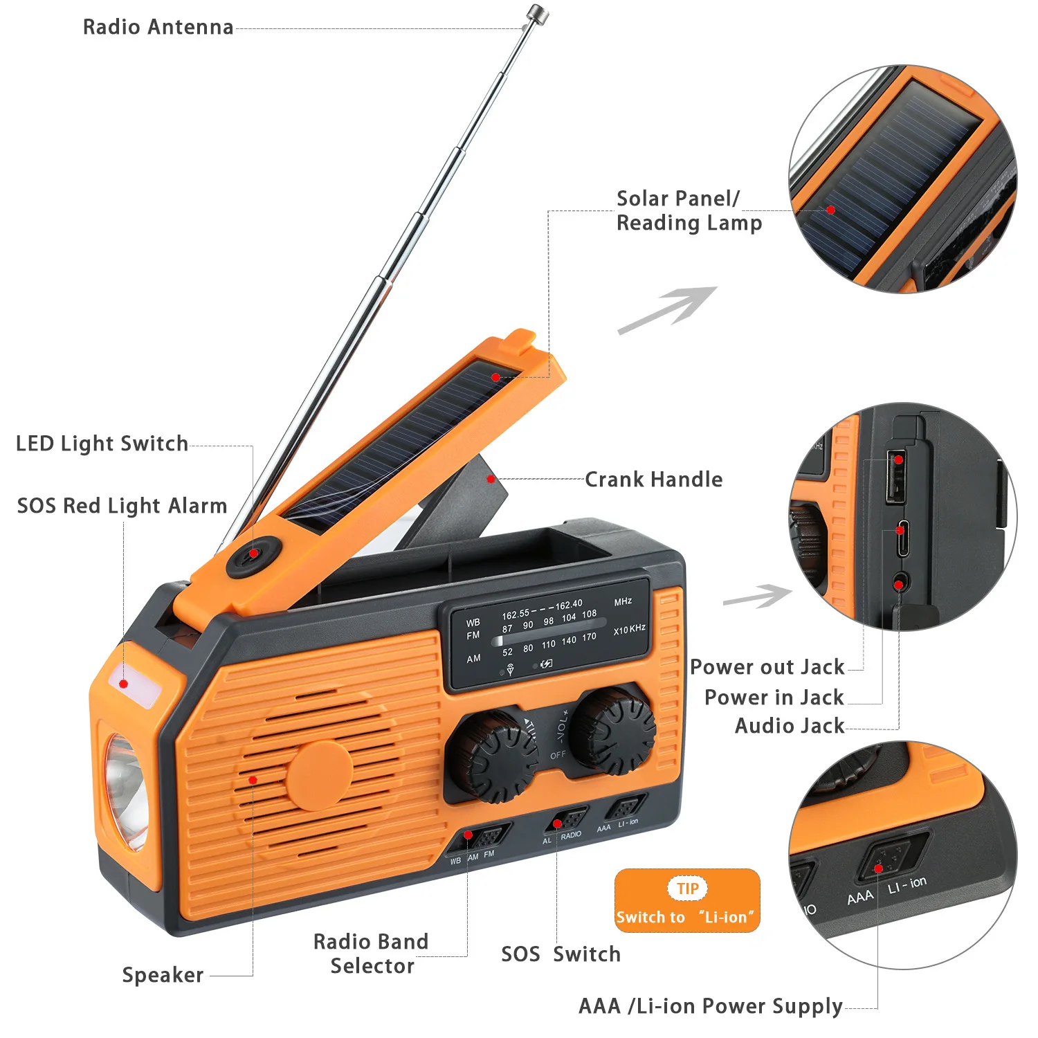 HY-068 Multi-functional Disaster Prevention Emergency Radio Hand Solar Power Flashlight Charging Treasure SOS Alarm