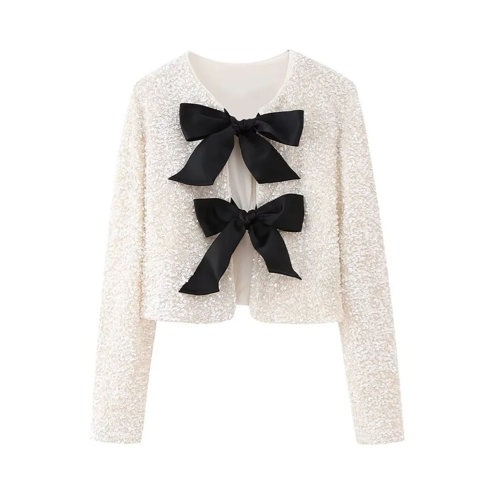 Winter New Women's Fashion, Casual, Sweet and Versatile Bow Tie with Sequin Top