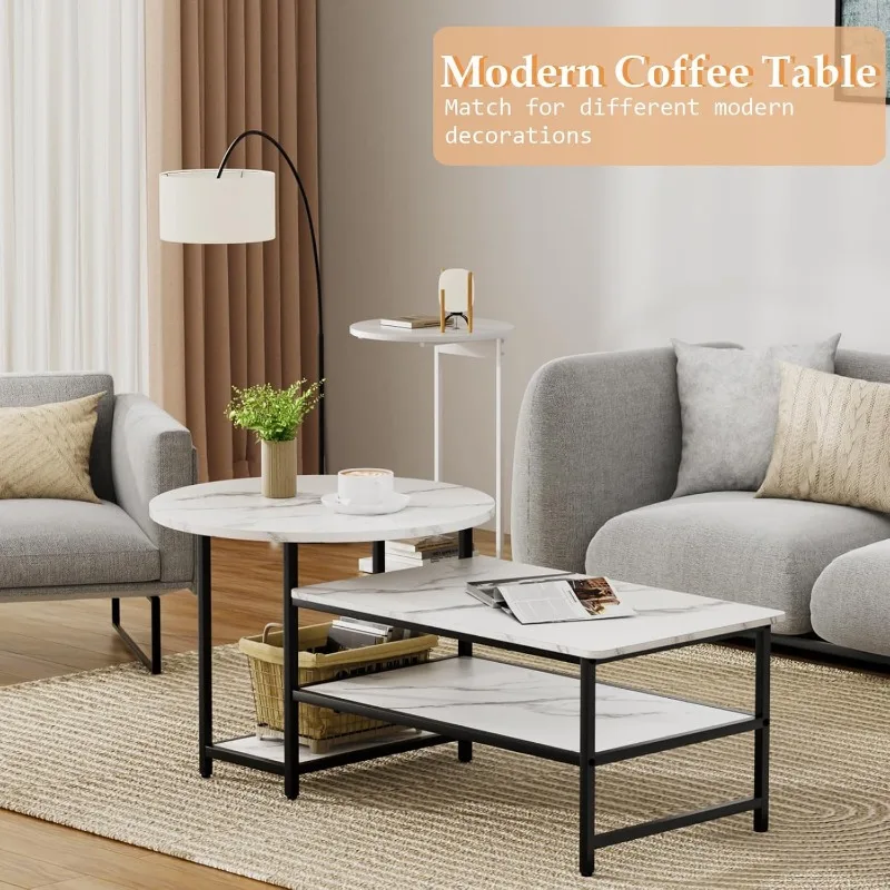 Coffee Table, White Modern Coffee Tables for Living Room, Detachable 2 Small Coffee Tables, Faux White Marble 4