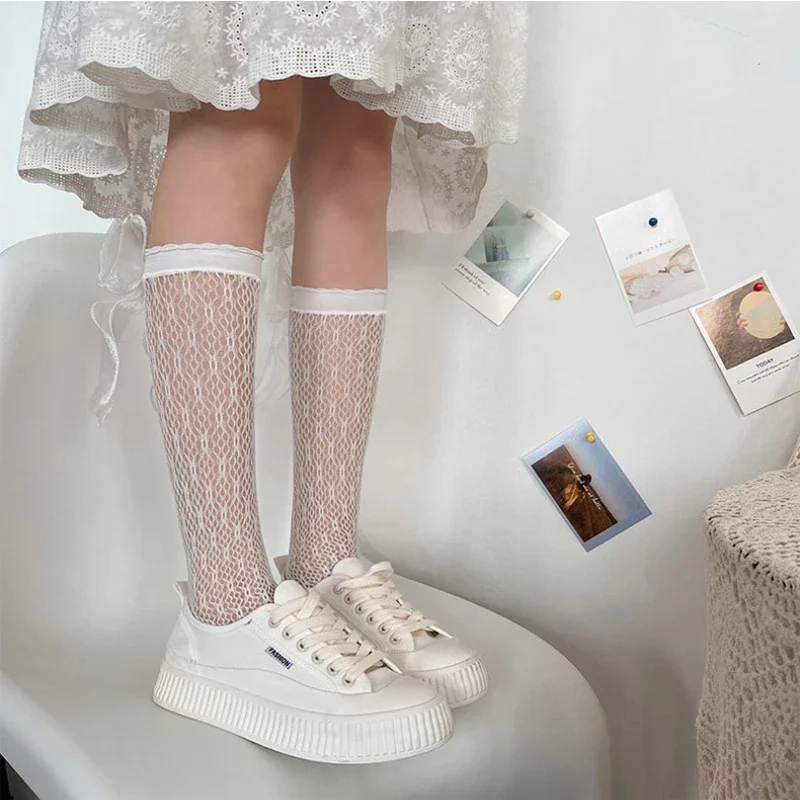 Summer Lolita JK Style Calf Socks for Kid Girl Sweet Bowknot Style Pearl Fishnet Knee Hiigh Sock for Girls Soft Mesh Stockings