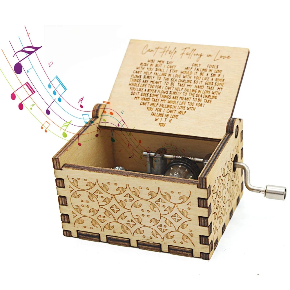Wooden Hand-Cranked Music Box Vintage Engraving Music Box Can't Help Falling in Love Valentines Day Gift Birthday Presents 2