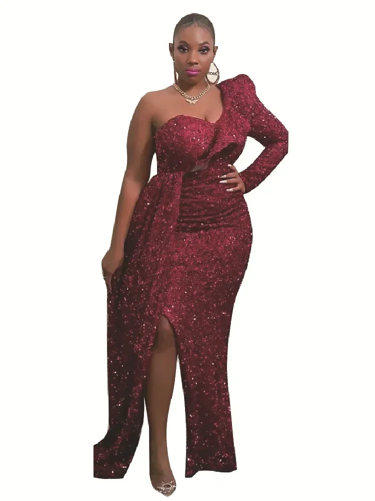 Wmstar Party Dresses for Women S-2XL Single Sleeve Sexy Bodycon Sequined Elegant Maxi Dress Club Outfits Wholesale Dropshipping