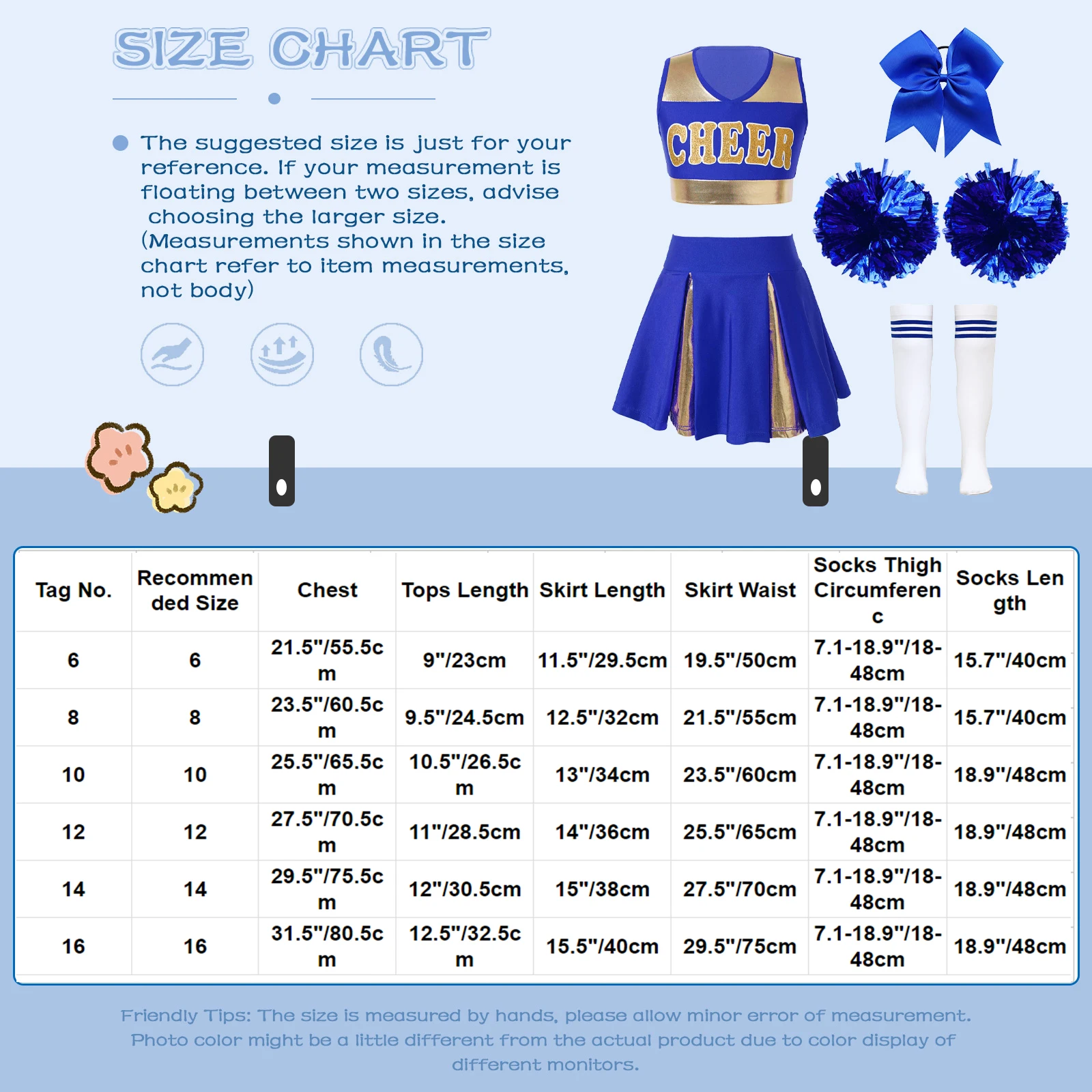 Girls Cheerleading Dance Outfits Sleeveless Crop Top Pleated Skirt Hair Tie Flowers Tube Socks Sports Meet Performance Costumes