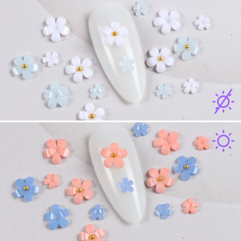 

6 Slots/box Color-changed Five-petaled Flowers Resin Nail Charms Manicure Enhancement Decorations Accessories For Press On Nails