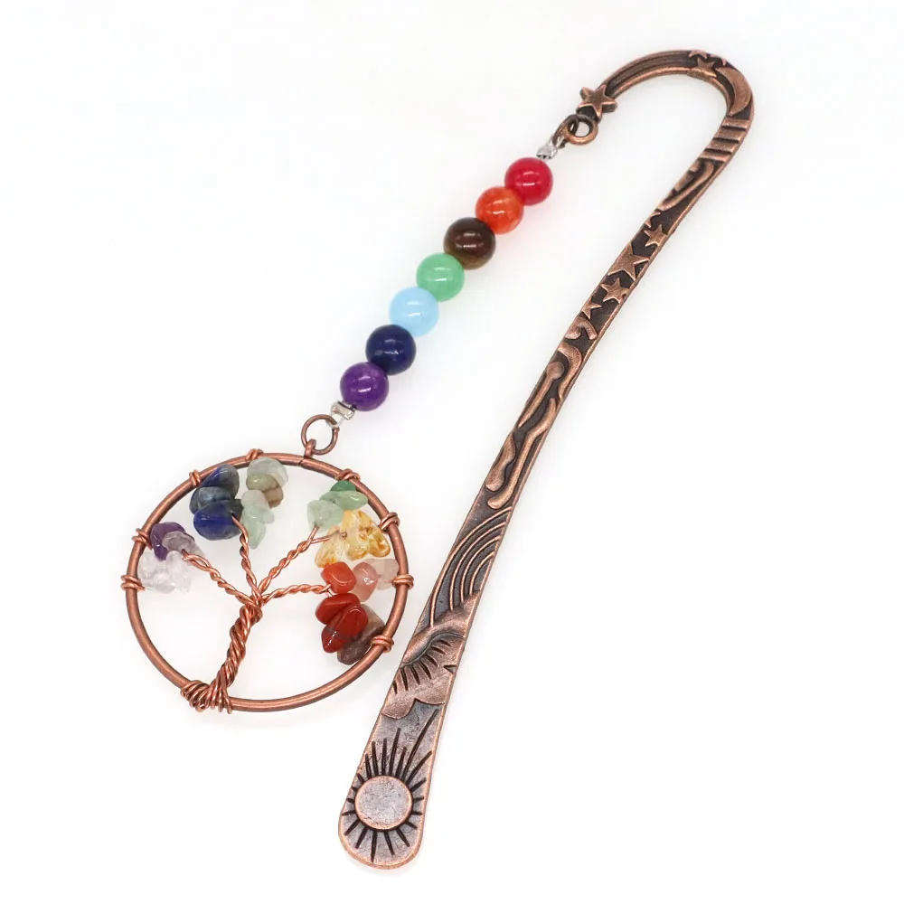 Árvore de Metal Vintage da Vida Marcador, 7 Chakra Cristal, Cura do Reiki Pedra Natural, Marca para Estudante Escolar, Presentes de Natal