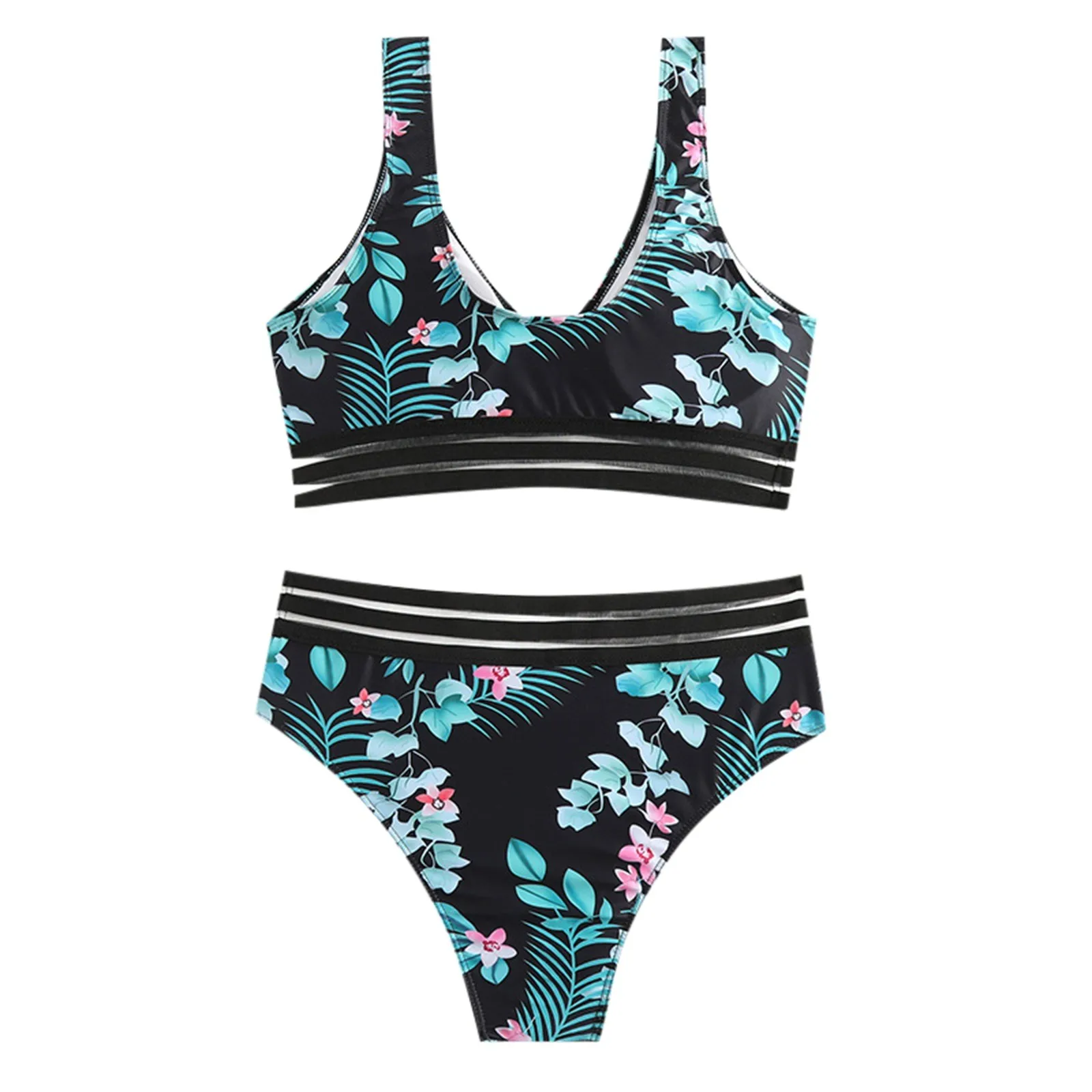 

Women Leaf Print V Neck Vest With Wide Shoulder Straps Small And Fresh With Breast Split Swimsuit Biquinis Vintage Swimwear