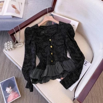 Patchwork di pizzo scava fuori temperamento sottile top primavera autunno manica lunga tinta unita magliette eleganti moda coreana abbigliamento donna 1