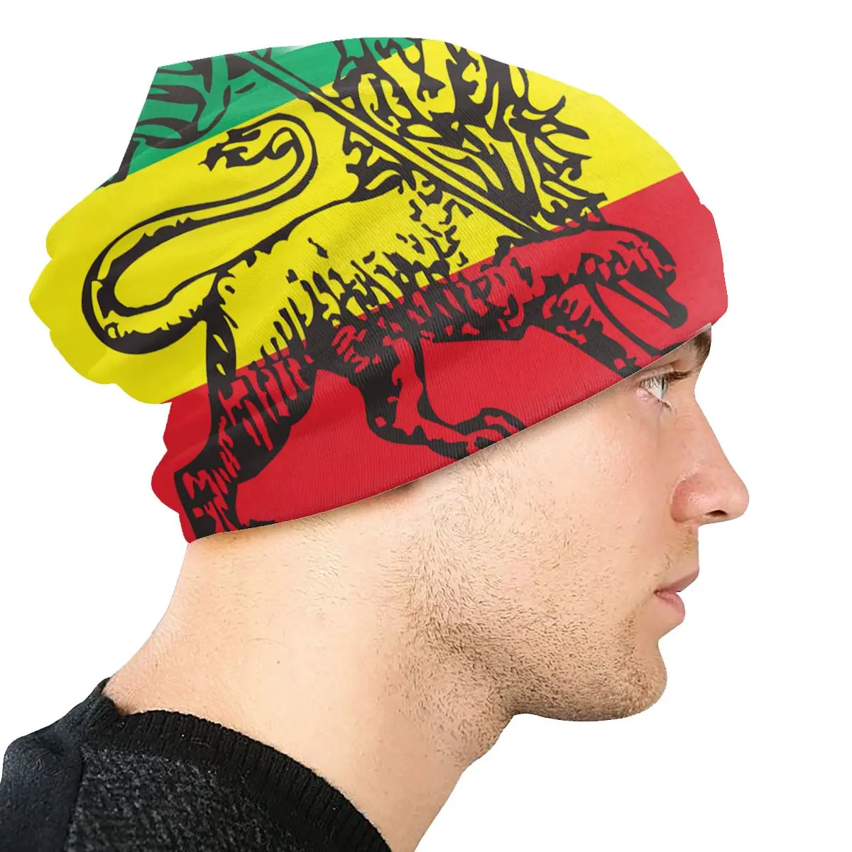 Rasta Knitted Slouch Beanie - Oversized Stripe Hat In Black With Yellow/Red/Green