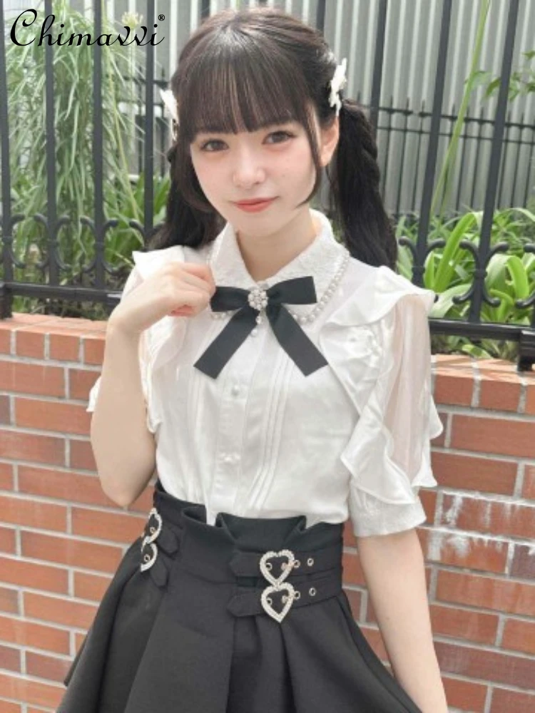 Japanese Rojita Pearl Collar Lace Stitching Short-Sleeved White Shirt Female 2023 Summer New Polo Collar Flying Sleeve Shirt Top