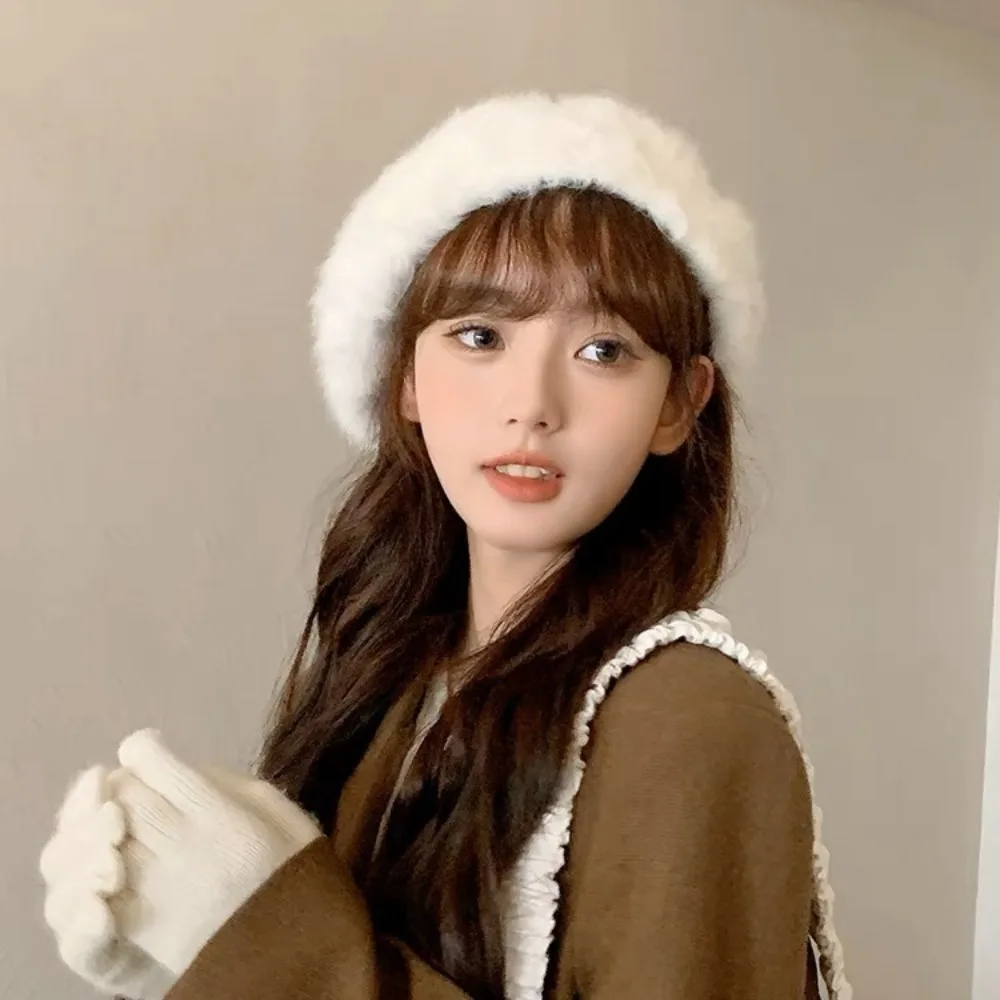 Beret Hat Warmer Plush Flat Hats Solid Color Thicken Autumn Winter Cap Clothes Accessories Panama Hat Warm Beanie Party Woolen Beret