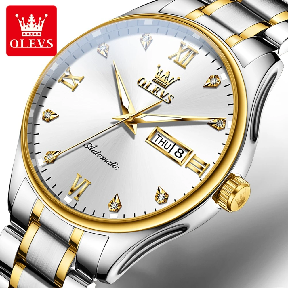 

OLEVS 9955 Fashion Mechanical Watch Gift Round-dial Stainless Steel Watchband Week Display Calendar