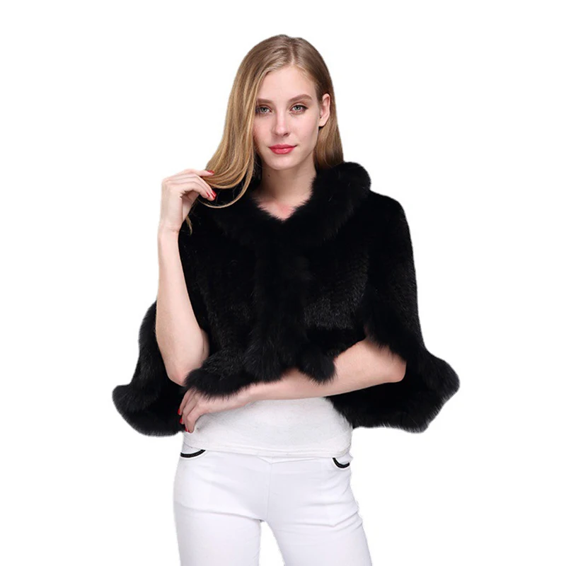 Women Natural Mink Fur Shawl Jacket Lady Knitted Mink Fur Scarf Shawl Lady Real And Fox Collar Poncho Coat