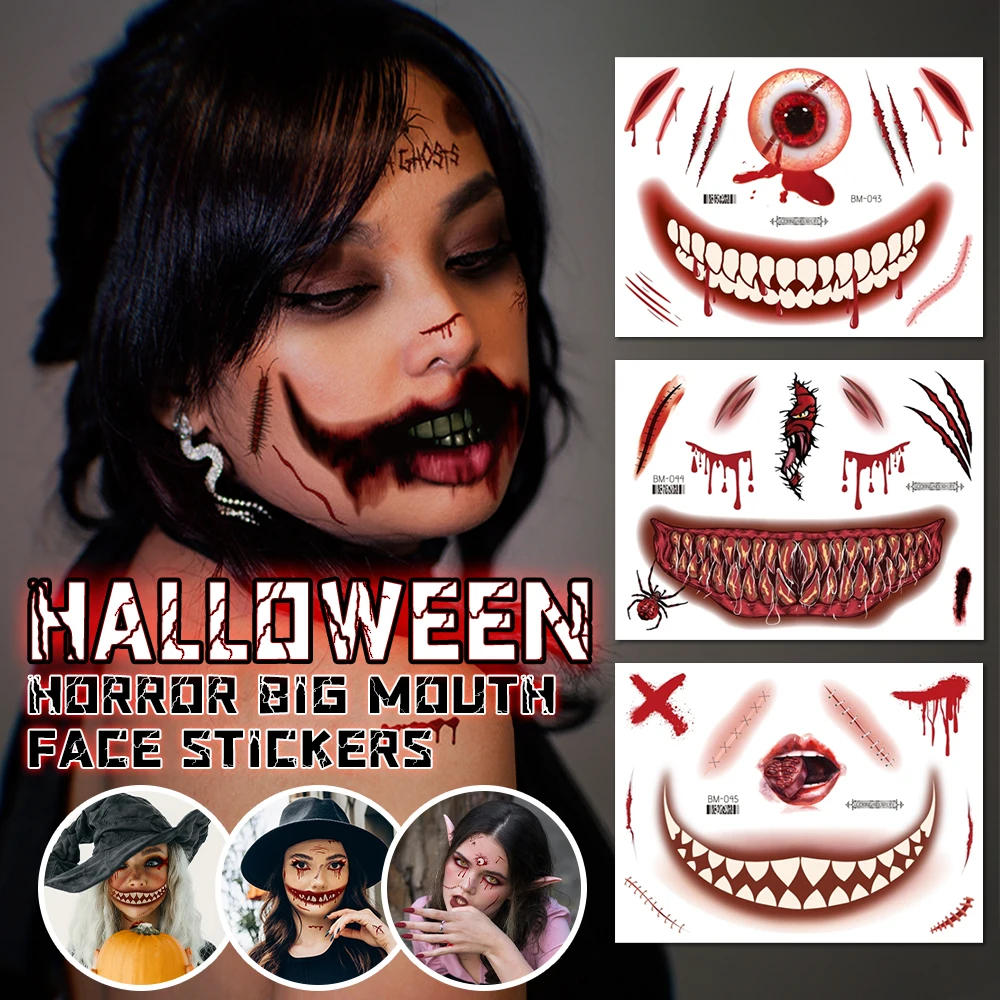 

Halloween Face Tattoos Big Mouth Horror Face Stickers Waterproof Temporary Tattoo Funny Makeup Party Fake Tatoo For Halloween