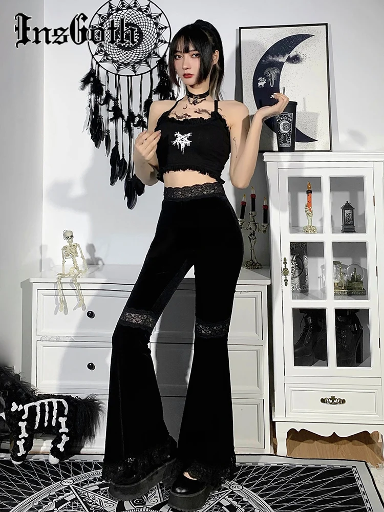 InsGoth Mall Goth High Waist Flared Pants Aesthetic Sexy Lace Patchwork Trousers Women Vintage Elegant Velvet Christmas Pants