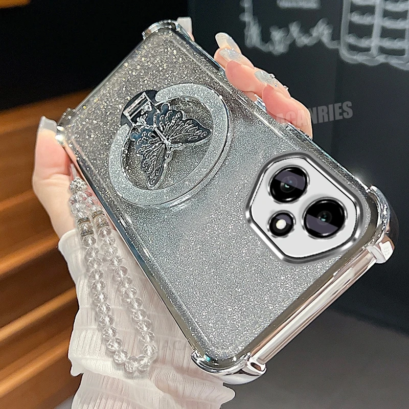 Elegant Butterfly Chain Lanyard Case - Plating Shockproof Silicone with Stand Holder