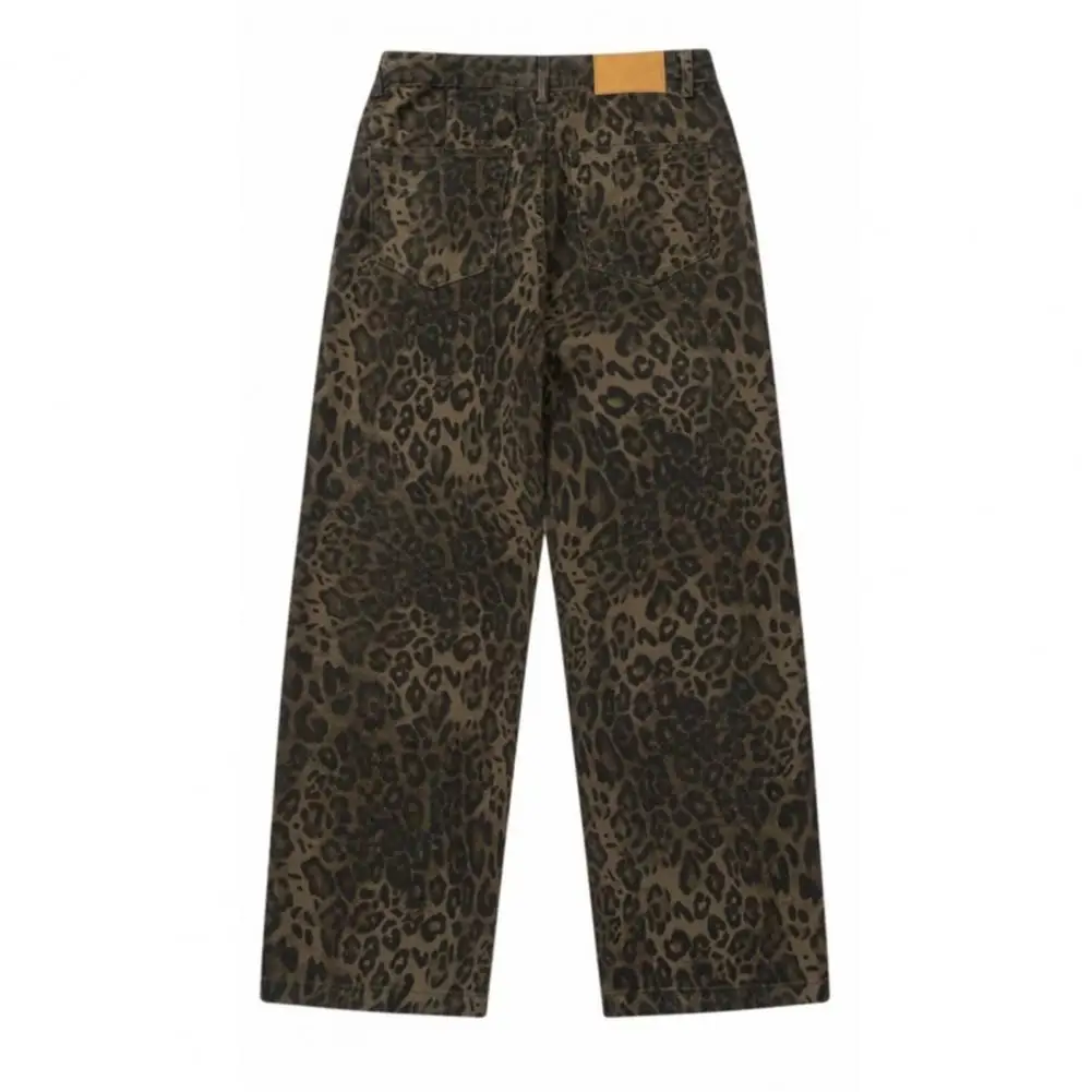 Leopard Print Jeans Leopard Print Unisex Jeans Wide Leg Streetwear Trousers for Young Adults with Button Zipper Closure Pockets cotton kung fu tai chi pants martial arts wushu wing chun trousers 110cm 190cm for kids and adults free shipping