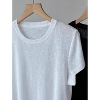 New Summer Linen ort Sve White round Ne T-irt Women Simple Thin Snowflake Cotton Loose Top Trendy Commute Sle Kore...
