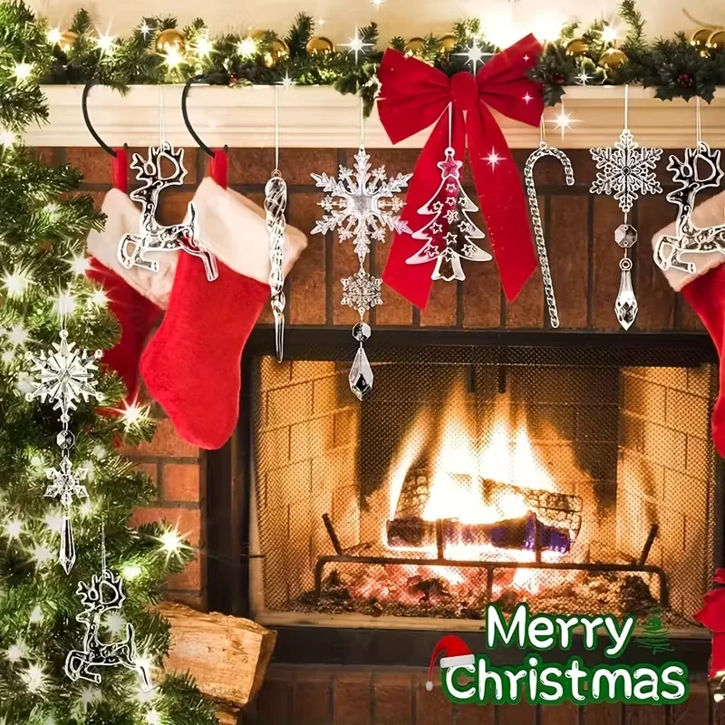 14Pcs Christmas Acrylic Ornaments Set Clear Snowflake Icicle Xmas Tree Hanging Pendants Christmas Home Decoration New Year Gifts