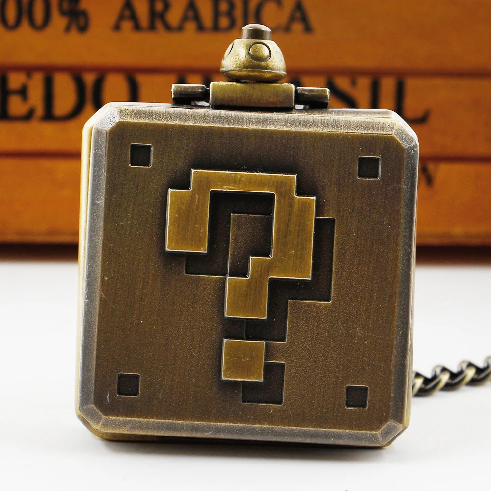 Creative Square Box Cool Question Mark Design Pocket Watch Retro Bronze Steampunk Mens Necklace with Chain CF1168