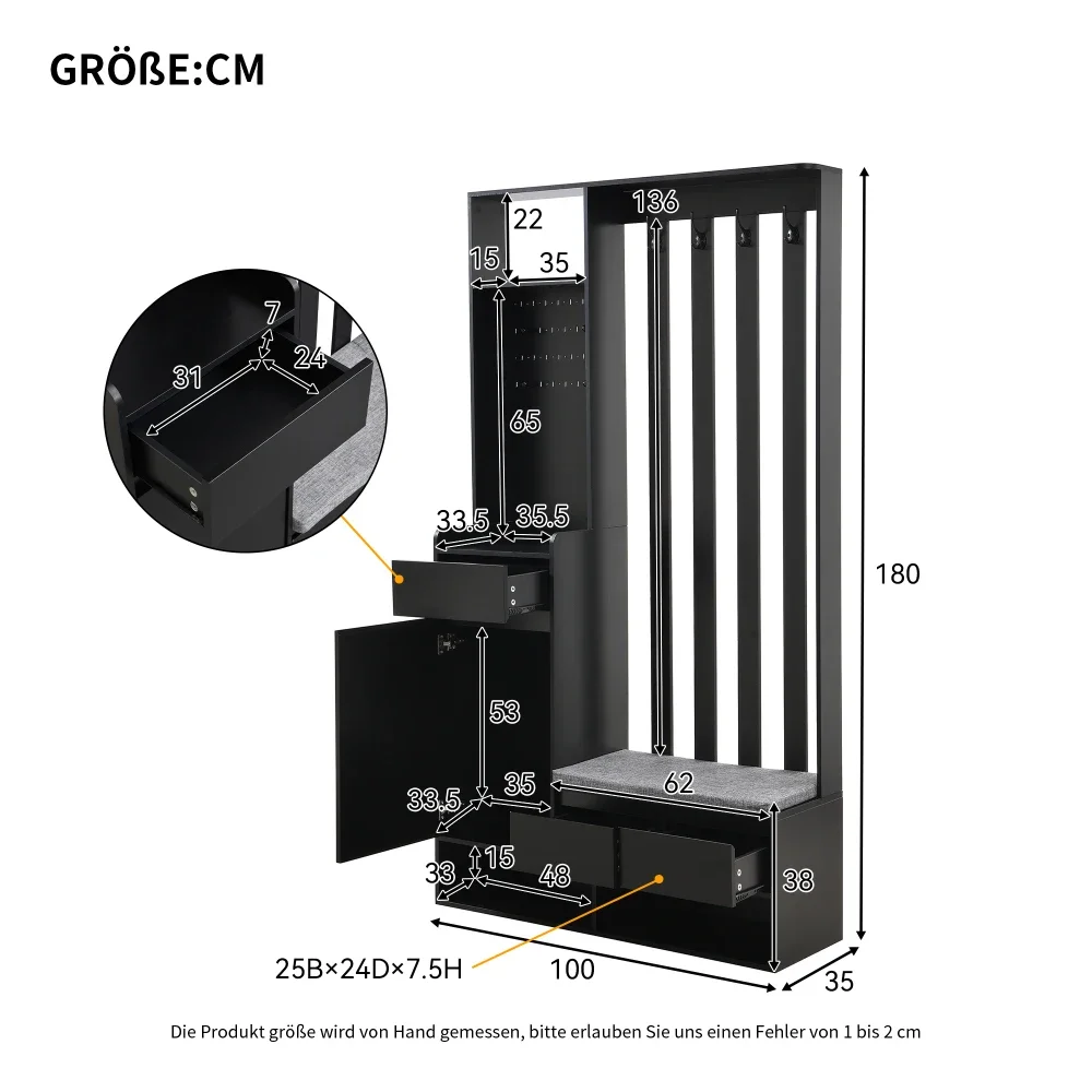 Kleidungsset mit Bank, multifunktionale Aufbewahrungsbank, offener Stauraum, 6 goldene Haken und Füße, geeignet für Flur, Wohnzimmer, Schwarz – Detail 31