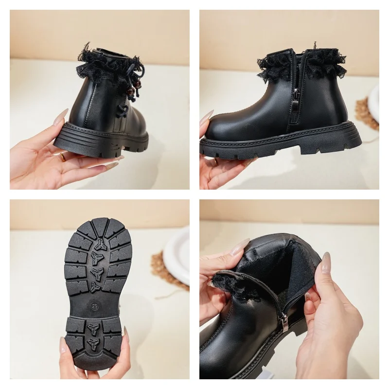 Leather Ankle Boots for Girls with Lace Bow