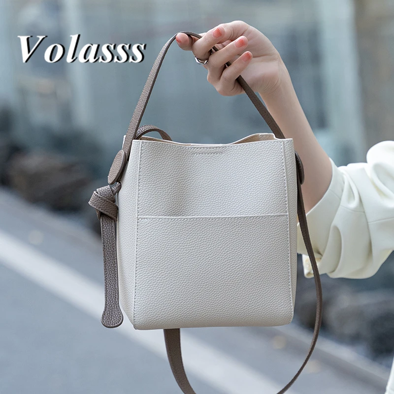 

VOLASSS Luxury Cowhide Bucket Handbag Female New Genuine Leather Shoulder Tote Bags Women's Large Capacity Crossbody Bag Purses