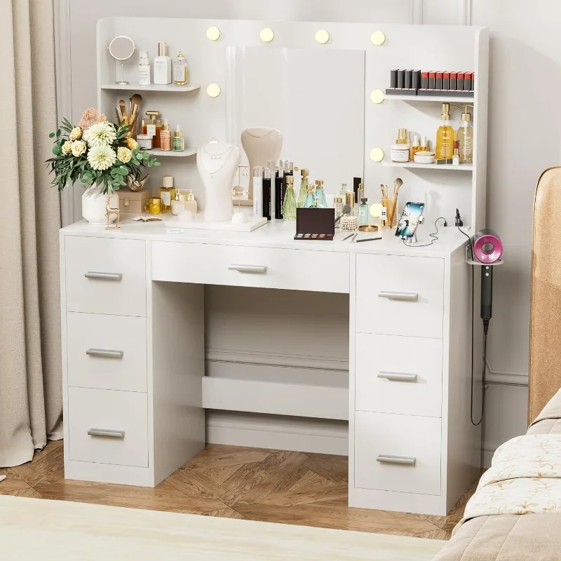 

Vanity Desk with LED Lighted Mirror&Power Outlet, 3 Model Lights Makeup Vanity Table with 7 Drawers and 6 Storage Shelves