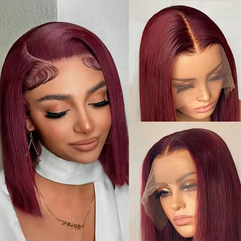 Perruques bob droites bordeaux 99J, prêtes à porter, sans colle, perruques en cheveux humains avec dentelle frontale 13×4, pré-coupées, sans colle, pour femmes, couleur rouge