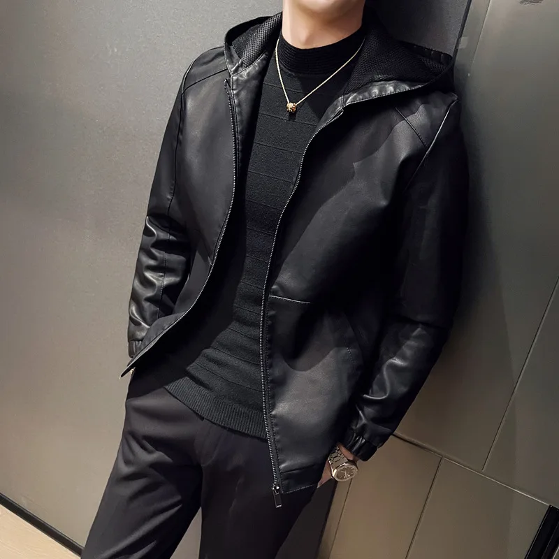 

Plush and Thick Men's Autumn and Winter Hooded Slim Fitting Casual Motorcycle Leather Jacket Short Windproof Jacket
