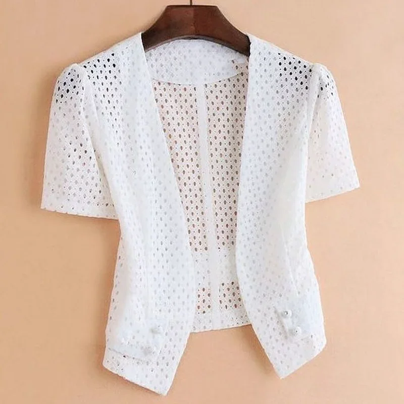 

White Lace Shawl Women's Clothing 2023 Summer Short Hollow Cardigan Top Thin Coat Outercoat Short Sleeve Tops Femme Mujer E46