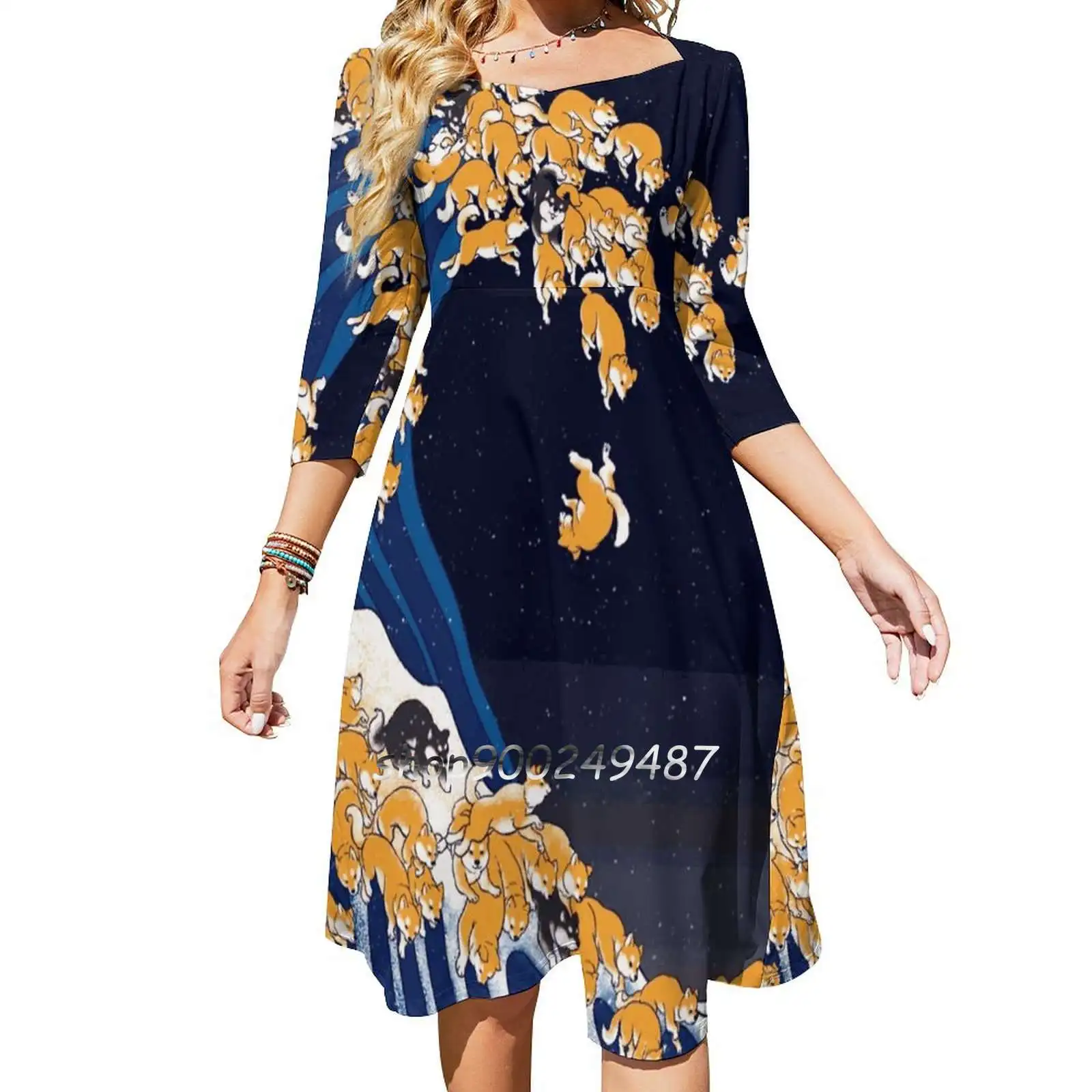 

Shiba Inu The Great Wave In Night Sweet Elegant Dress Women Korean Kawaii Square Collar Dress Vintage Dog Cute Shiba Inu