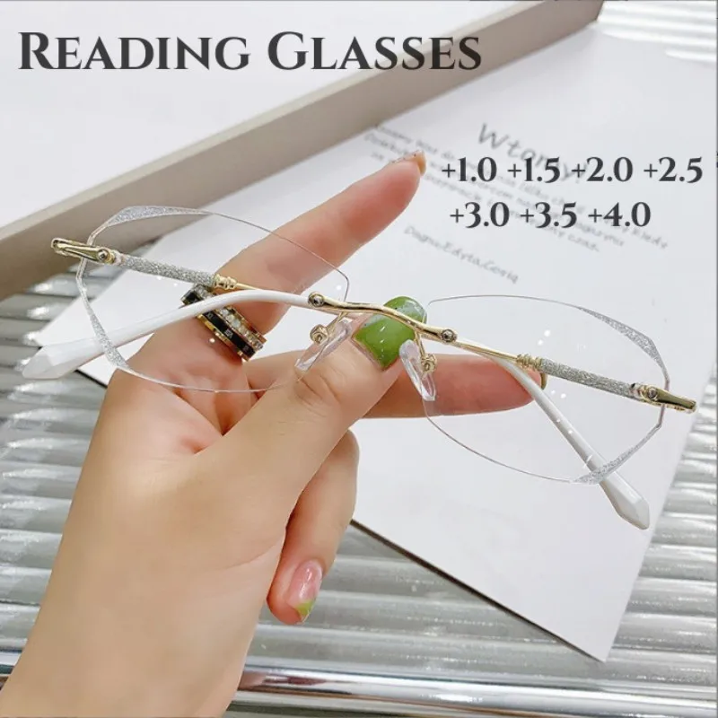 

Women Frameless Diamond Cut Presbyopia Eyeglasses Reading Glasses Clear Len Magnifier Computer Optical Far Sight Eyewear Diopter