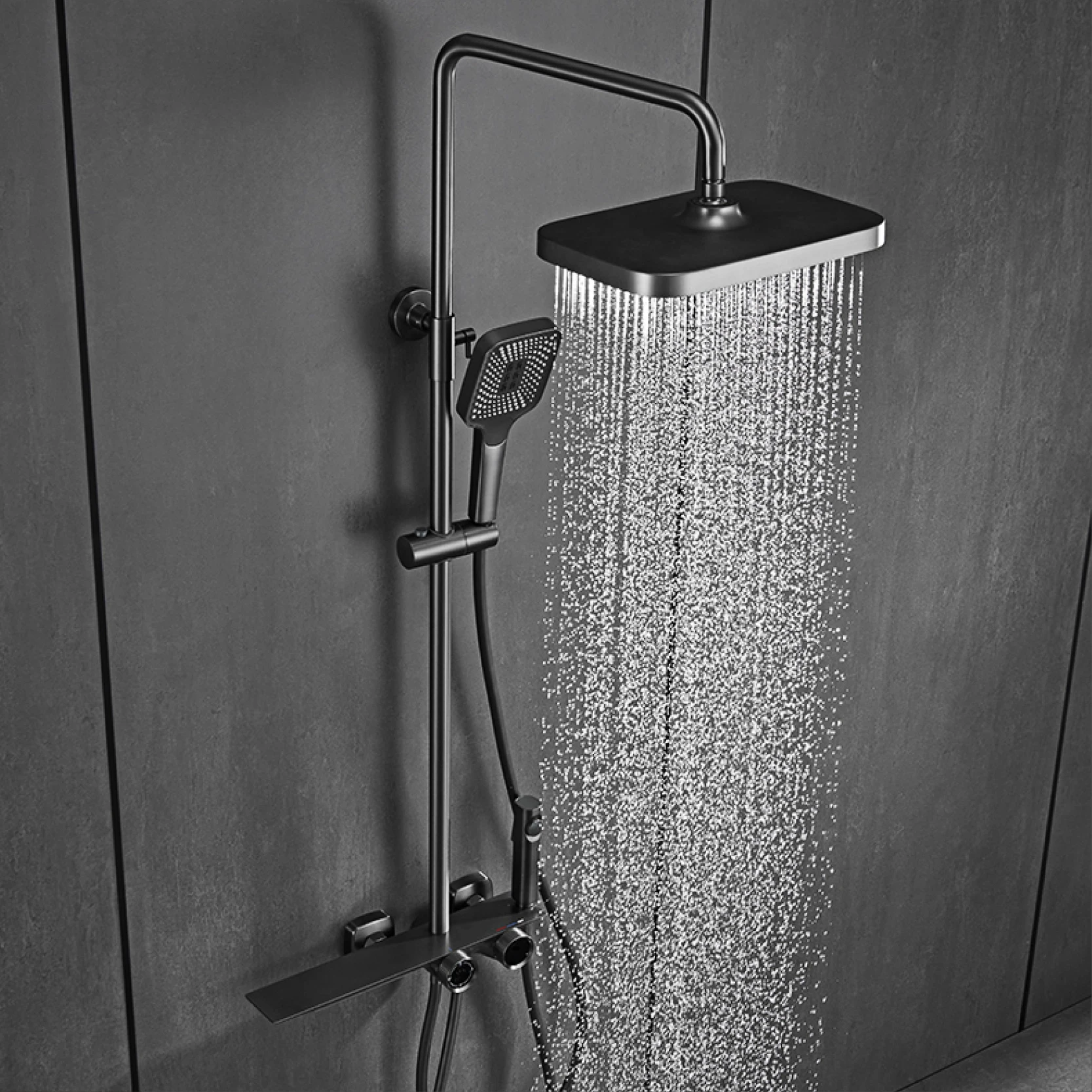 Luxury gun gray brass bathroom shower system  digital display design waterfall water outlet cold & hot dual control shower Tap images - 6