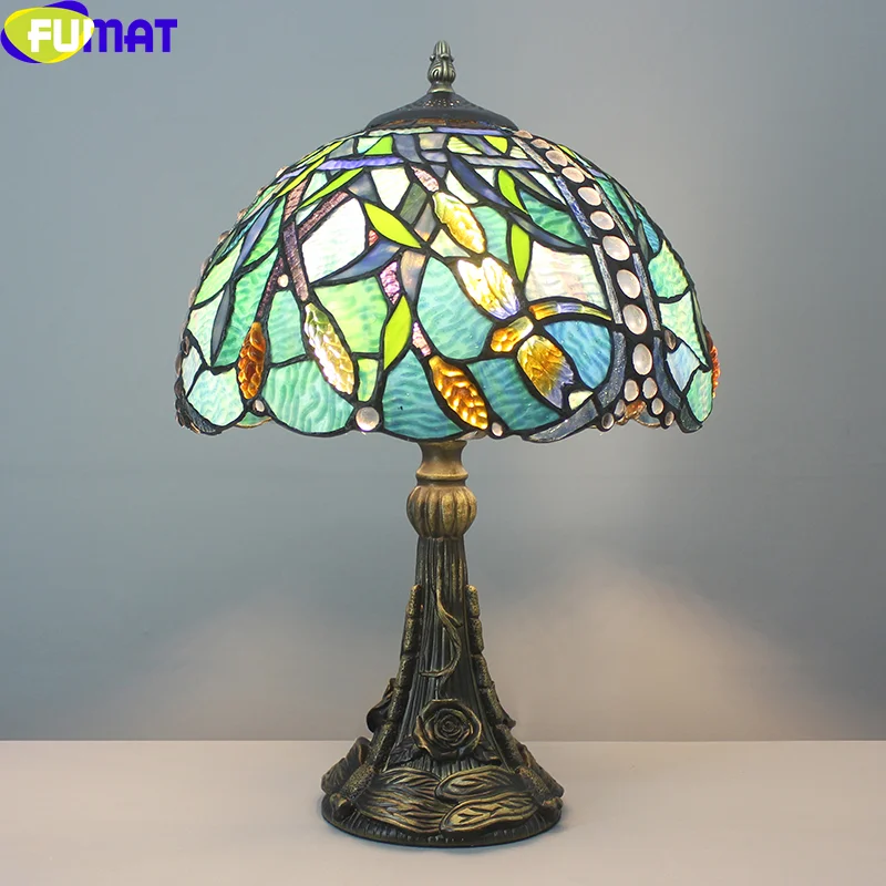 

FUMAT Tiffany Style Dragonfly Crackle Stained Glass Wheat Table Lamp Blue Green Purple Antique Art Home Decor Dimming Desk Light