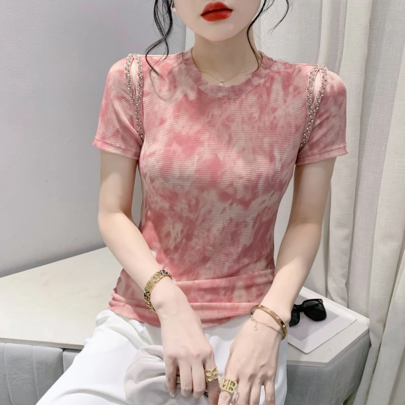 

2023 New Summer European Clothes Mesh T-Shirt Women Chic Sexy O-Neck Hollow Out Beads Print Tie-dye Tops Short Sleeve Tees 36152