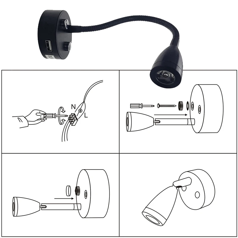 3W LED Reading Light Smart Touch Dimmable Flexible Gooseneck Wall Lamp with USB Charger Port DC12V 24V for Motorhome Yacht Cabin