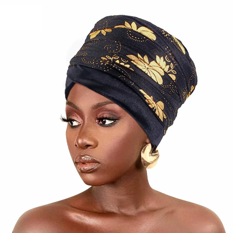 New Women Bronzing print mesh Head Scarf Plain Velvet Hijab Turban Caps Long Tail African Wraps Cap Bonnet Turbante Mujer 6 pieces african mesh african body exfoliator mesh exfoliating shower body cleansing brush back cleaner for daily use