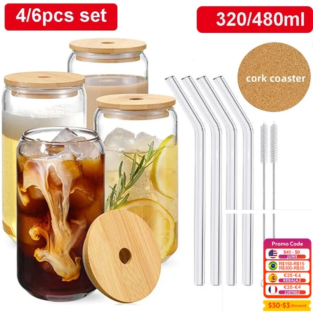 Glass Tumbler Bamboo Lid Straw - 4pcs Set Glass Cup Lid Drinking Tumbler  Beer - Aliexpress