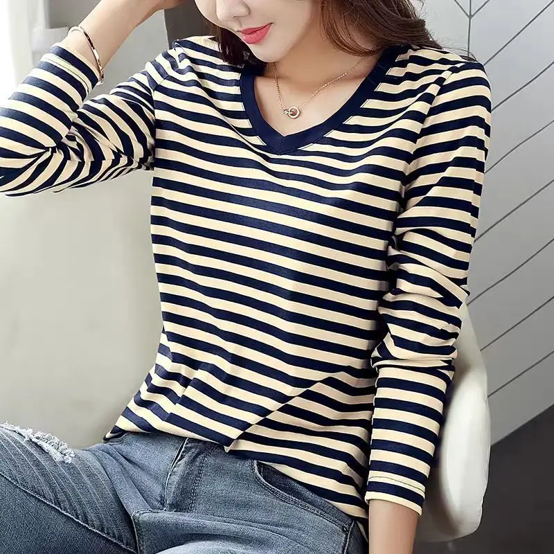 

V Neck T-shirt Woman Long Sleeve Striped Women's Top Tall Polyester Pulovers Summer High Quality Clothing Aesthetic Cheap O Tees
