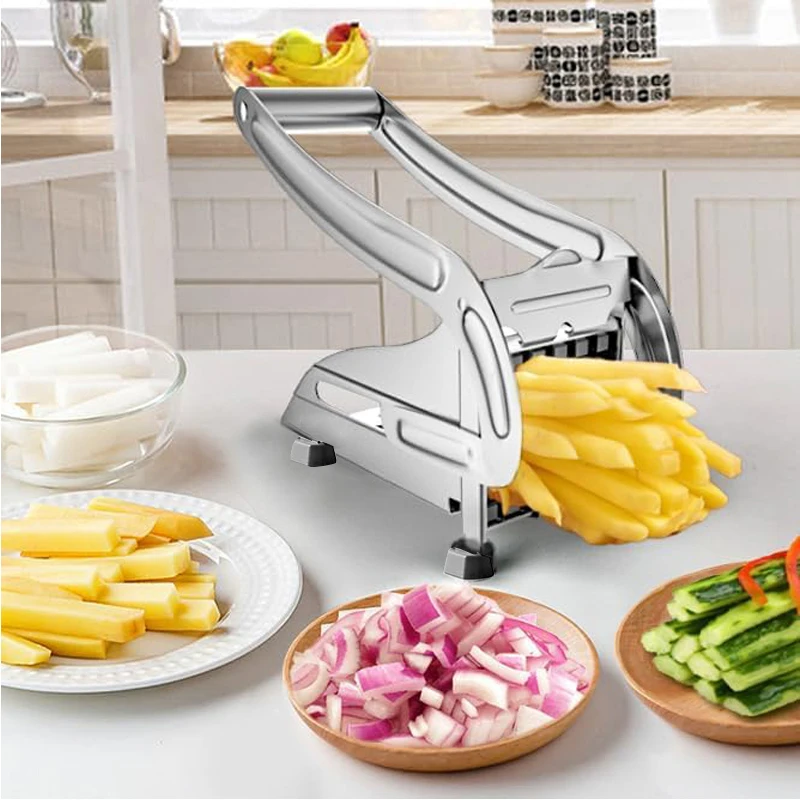 French Fry Cutter Stainless Steel Manual Potato Slicer with 2 Blades