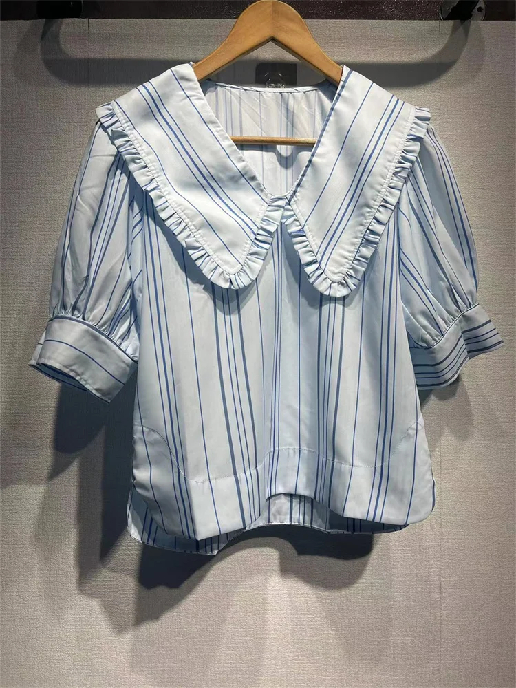 

Женский хлопковый элегантный пуловер с коротким рукавом, рубашка, топы, Женская полосатая блузка с круглым воротником, новинка 2024