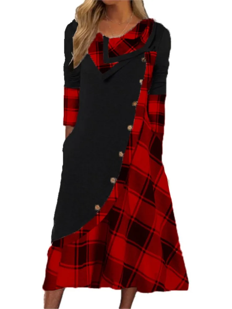 

Женское платье на пуговицах, Повседневное платье составного кроя с длинным рукавом, воротником-лодочкой и карманами, женская одежда с принтом в клетку, весна-осень 2024