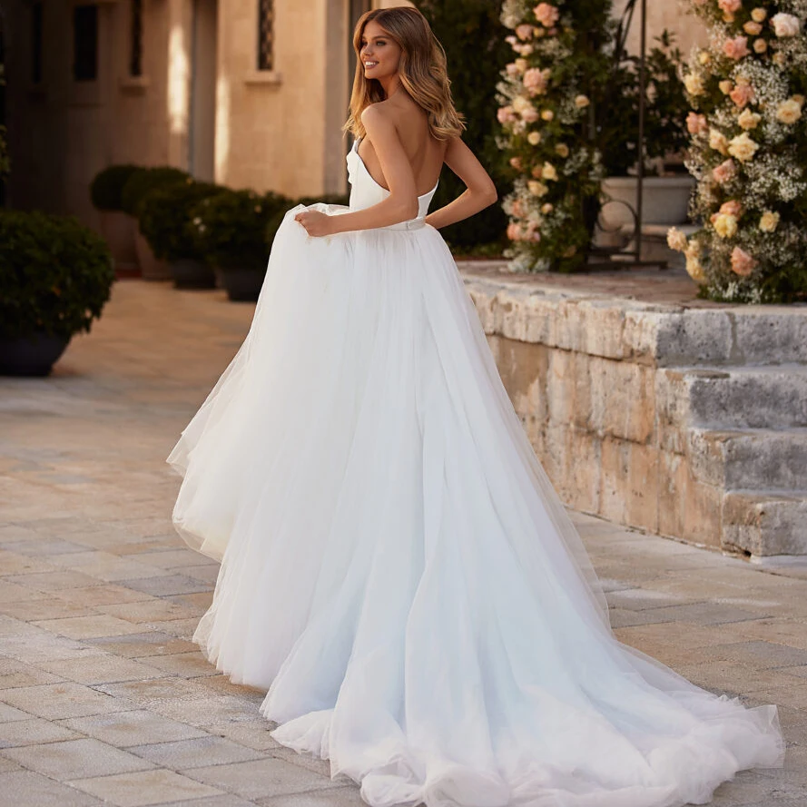 Strapless Sleeveless Bohemian Tulle Princess Beach Wedding Dress
