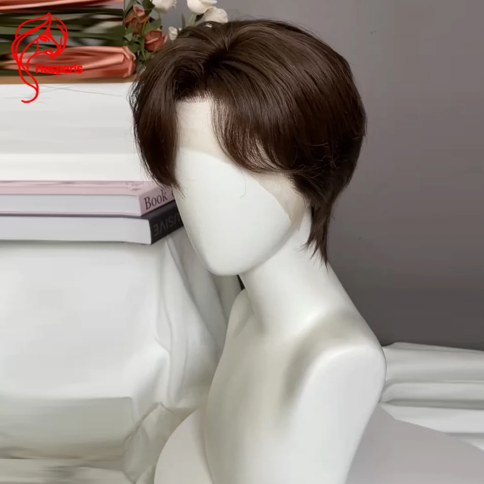 Hesperis Men's Short Pixie Bob Human Hair Full Lace Wigs Brown Color Pre Style Toupee Short Cut Hair Male Wigs Transparent Lace