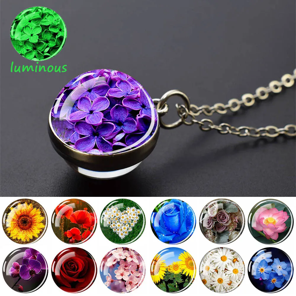 Collane Di Fiori Luminosi Rose Lotus Cherry Blossoms Collana Di Girasole Ciondolo A Sfera Di Vetro Da Donna Glow In The Dark Jewelry Gift