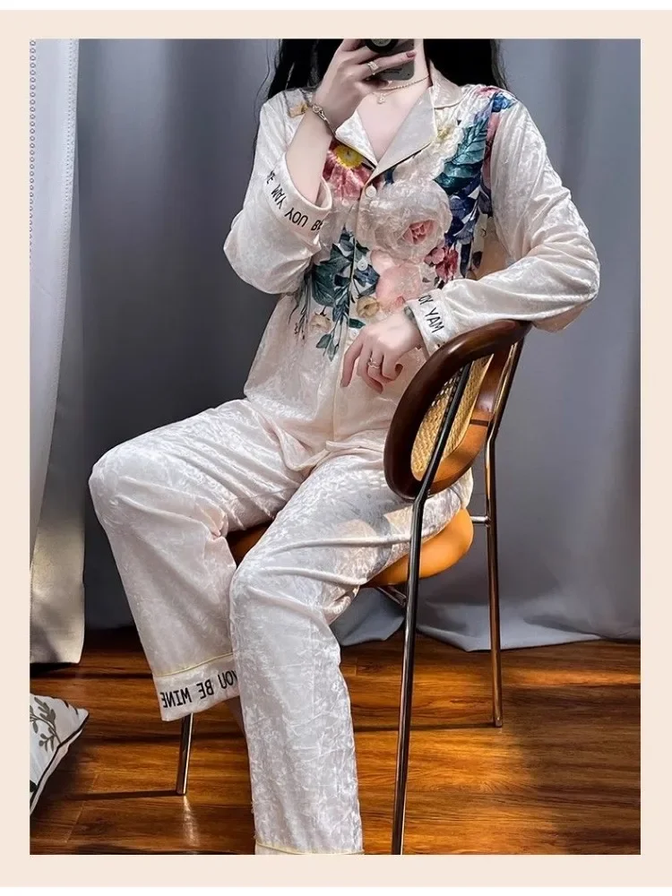مجموعات بيجامة بطبعة زهور للنساء ، أكمام طويلة ، ب...